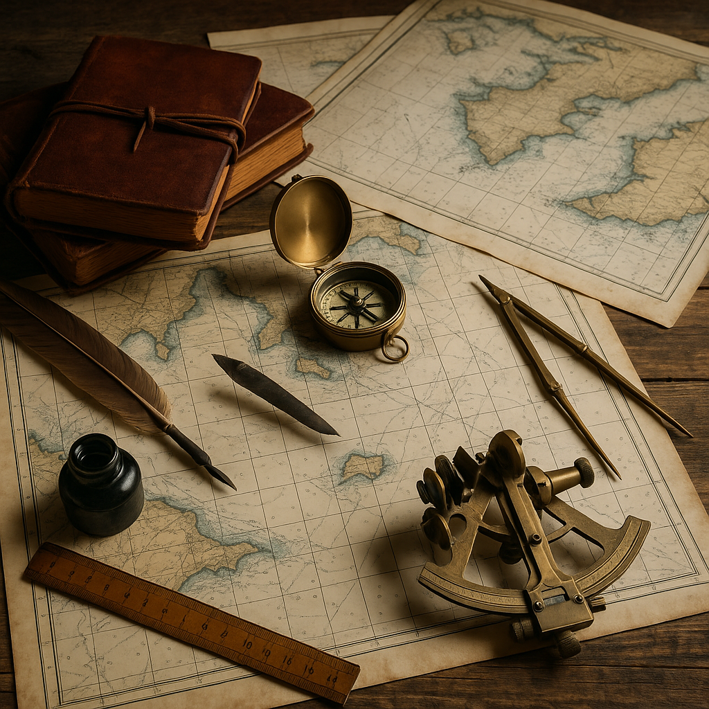 Erstelle ein Symbolbild fr die Planung einer Seereise Zeige einen maritimen Holztisch auf dem diverse Planungsutensilien liegen zB mehrere Seekarten Kompass Sextant Zirkel Lineal ledergebundene Notizbcher Schreibfeder Tintenfass etc Das Feeling soll-1
