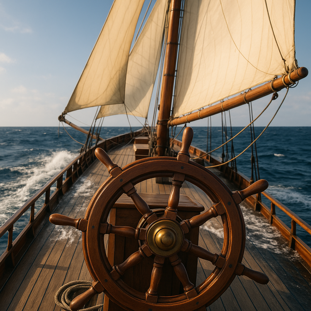 Generiere ein Bild des Steuerrads auf dem vorhin bereits generierten traditionellen Segelschiff Zeige keine Personen sondern nur das Steuerrad mit Blick zum Schiffsbug Die Segel sind gehisst und stehen im Wind vor dem Schiff sieht man die weite See d
