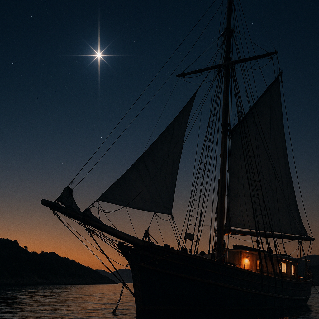 Zeige das bereits benutzte traditionelle Segelschiff Es liegt vor Anker in einer Bucht Es ist Sonnenuntergang aber der Himmel ist bereits dunkel und man sieht einen sehr hellen Polarstern Zeige das Schiff nicht in Gnze sondern angeschnitten