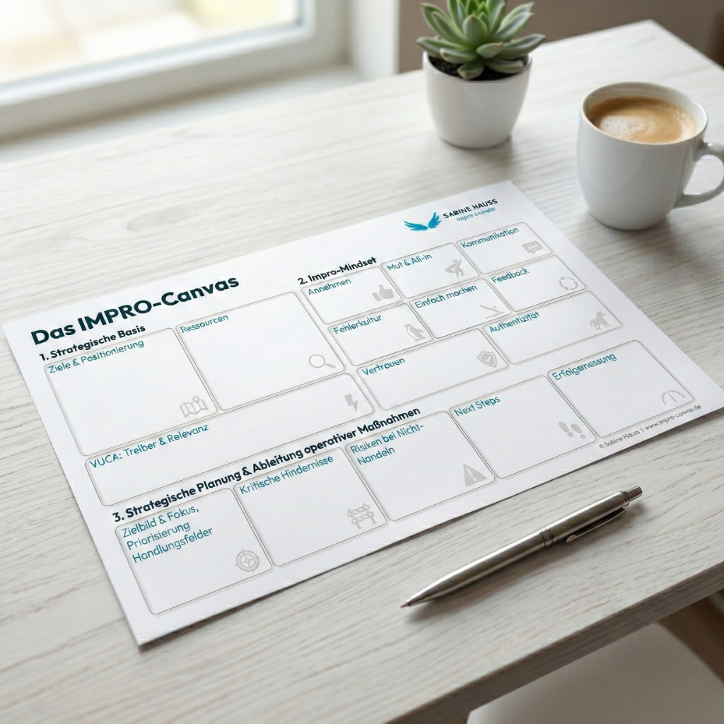 © 2025 Sabine Hauss. Alle Rechte vorbehalten. Der IMPRO-Canvas und die IMPRO-Strategie wurden von Sabine Hauss entwickelt und sind urheberrechtlich geschützte Modelle. Eine Nutzung über den persönlichen Gebrauch hinaus sowie jede Vervielfältigung, Verbreitung oder kommerzielle Nutzung der Inhalte bedarf der vorherigen schriftlichen Zustimmung.